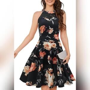 NWT Bbonlinedress Halter Lace Cocktail Party Dress, Black Yellow Rose, XL